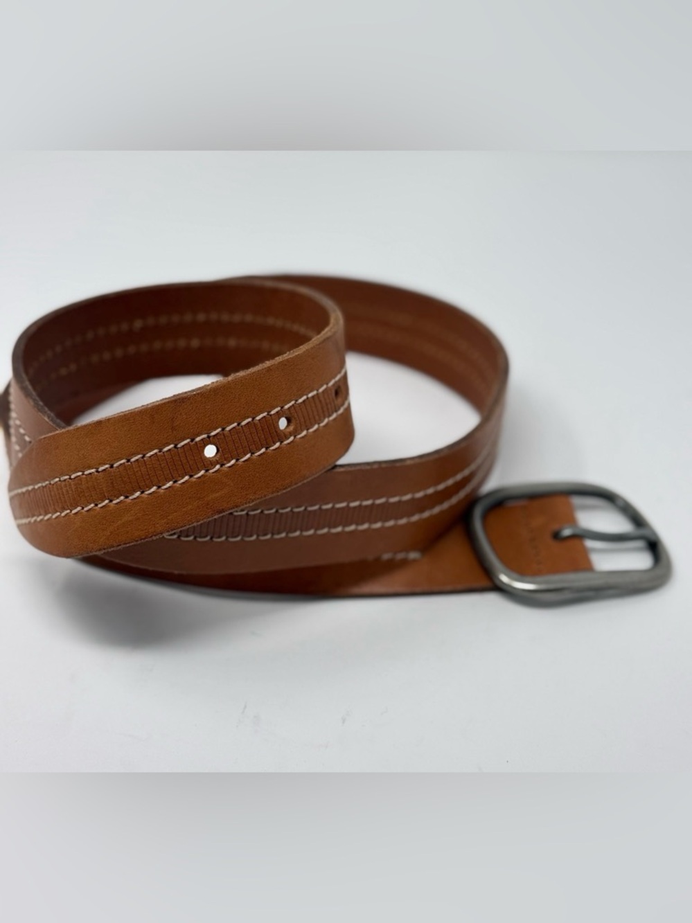 Express Brown Italian Leather Belt Size 38 Casual Stitch Trim - Picture 3 of 3